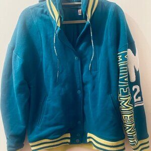 Free People Movement Post Up Graphic Sweat Turquoise Blue Hooded Logo Jacket